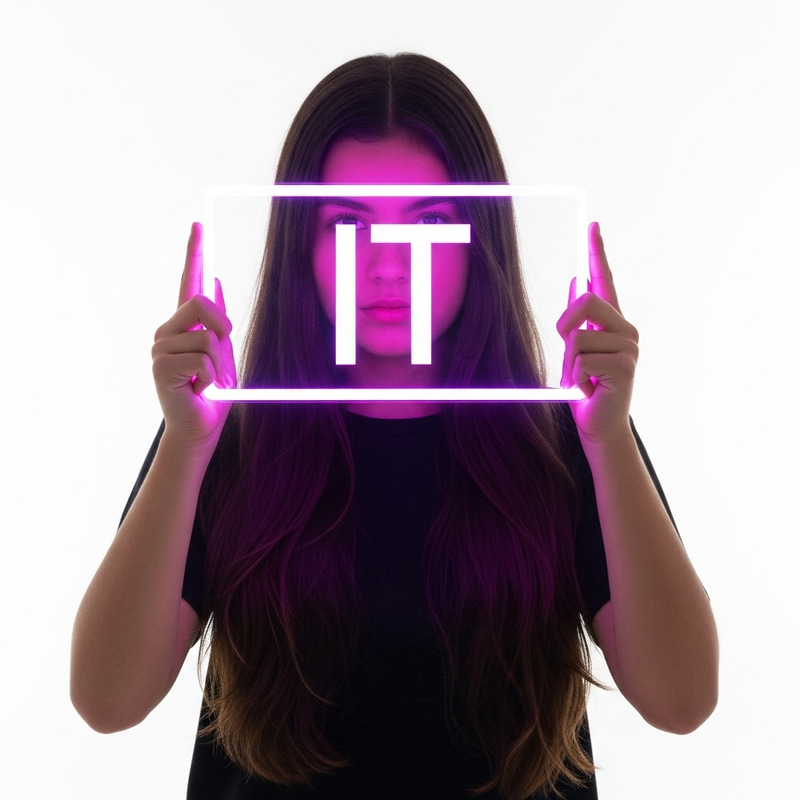 Realistic Hispanic Teen with Dark Hair Holding Glowing 'IT' Sign