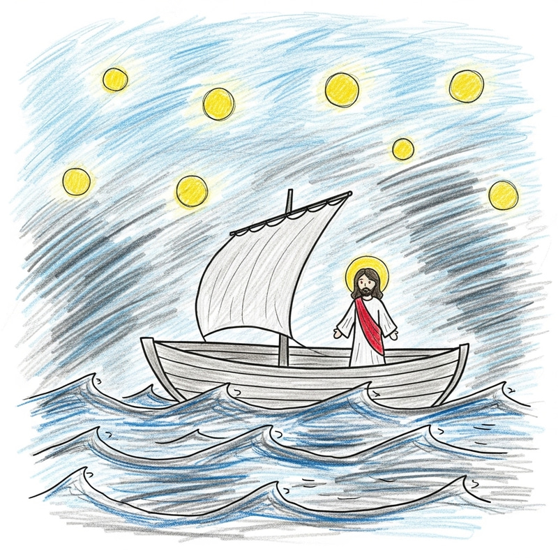 Jesus Calms the Storm: Naive Crayon Art by 3-Year-Old