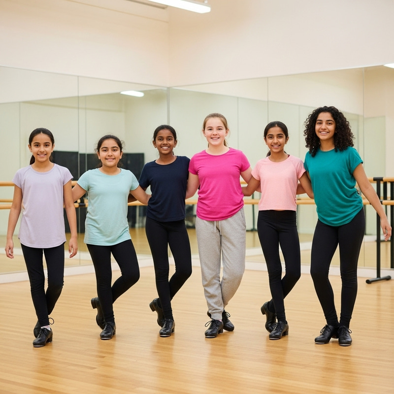 Excited Multicultural 13-Year-Old Girls Tap Dance Group Excited Multicultural 13-Year-Old Girls Tap Dance Group