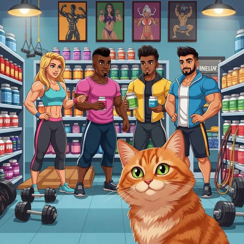 Curious Cat Observing Diverse Bodybuilders in Store Curious Cat Observing Diverse Bodybuilders in Store