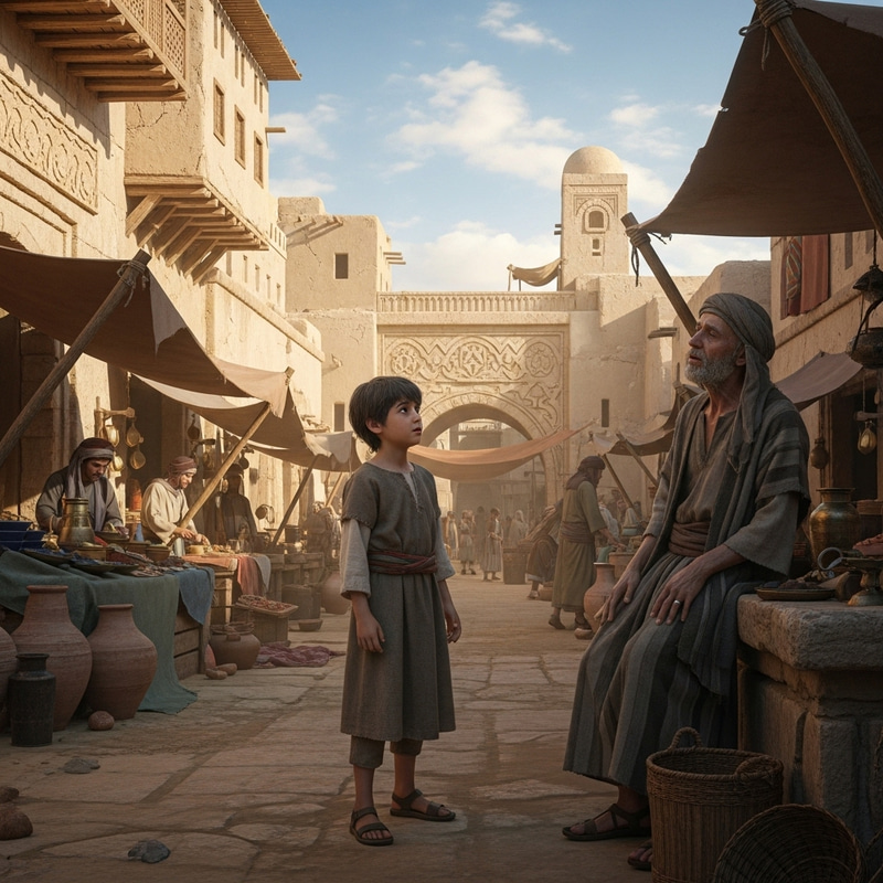 Young Boy Talking to Sick Man in Ancient City Young Boy Talking to Sick Man in Ancient City
