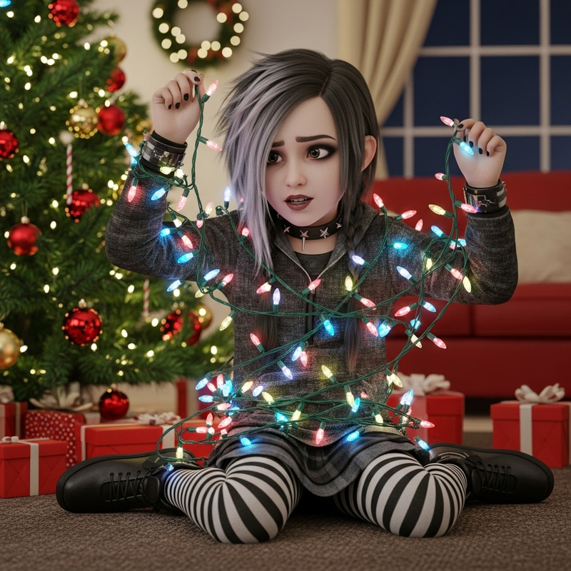 Young Goth Girl Tangled in Christmas Lights Decorating Tree