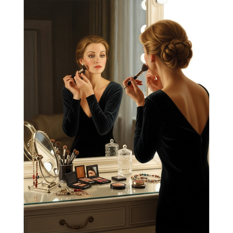 Elegant Caucasian Woman Adorning in Front of Mirror - 19th Century Realism Painting Elegant Caucasian Woman Adorning in Front of Mirror - 19th Century Realism Painting