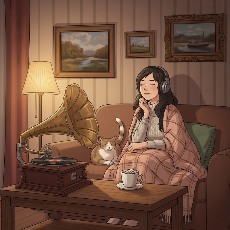 Cozy Indoor Scene of Asian Woman Listening to Music