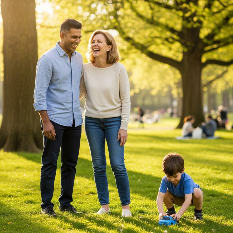 Happy Multicultural Family Bonding Outdoors with Their Son Happy Multicultural Family Bonding Outdoors with Their Son
