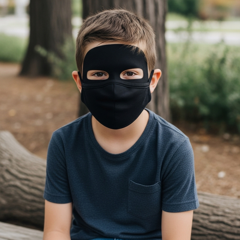 Young Boy with Black Mask Outdoors