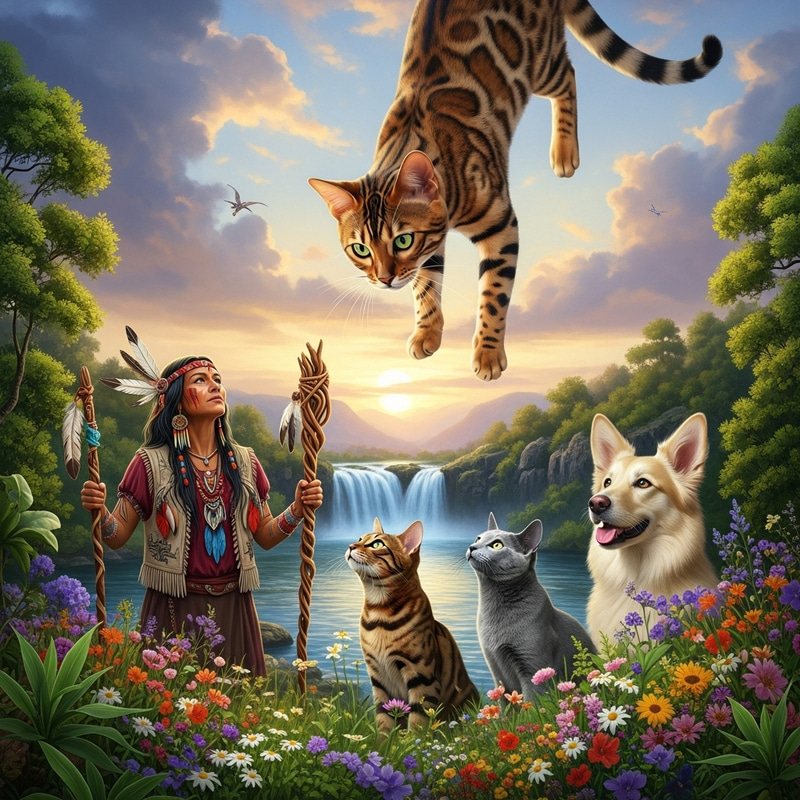 Bengal Cat and Shaman Woman with Animals in Sky Scene Bengal Cat and Shaman Woman with Animals in Sky Scene