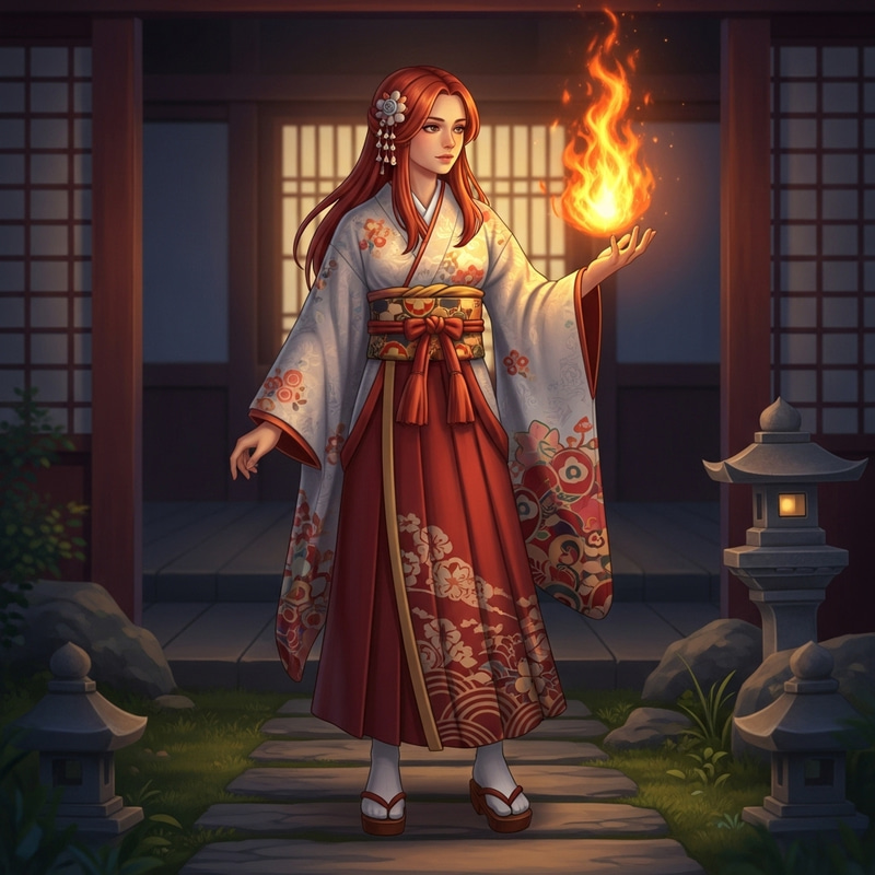 Red-Haired Girl Mastering Fire in Japanese Attire Red-Haired Girl Mastering Fire in Japanese Attire