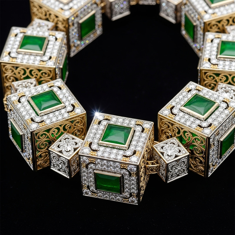 Luxurious Diamond and Jade Necklace with Cubic Filigree Luxurious Diamond and Jade Necklace with Cubic Filigree