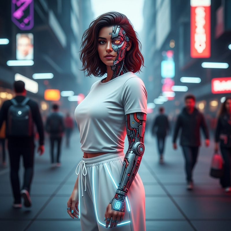 Beautiful Futuristic Middle-Eastern Woman in Neon White Outfit Beautiful Futuristic Middle-Eastern Woman in Neon White Outfit