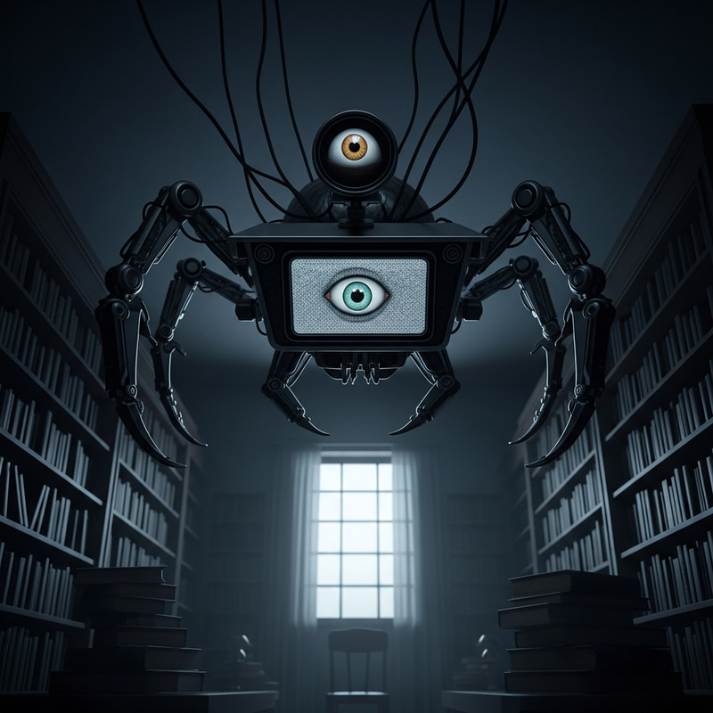 Creepy Mechanical Monster in Dark Library
