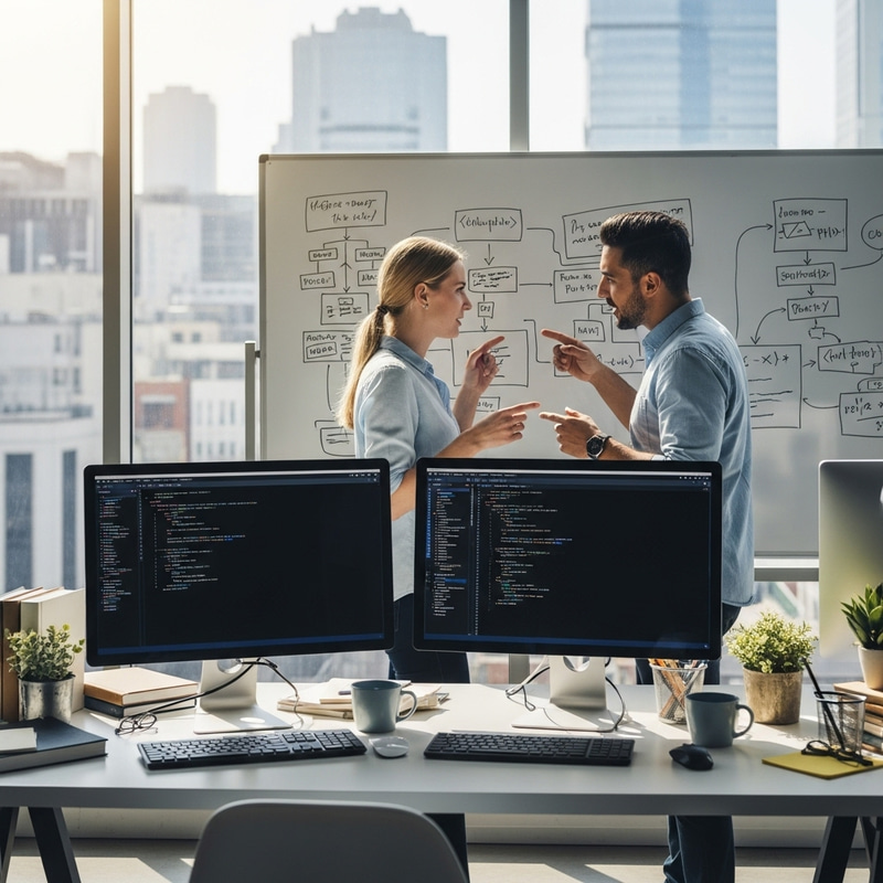 Programmer PC Wallpaper: Coding Duo in Modern Workspace