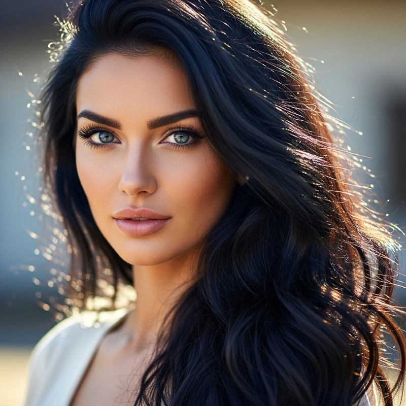 Beautiful Woman with Long Black Hair and Blue Eyes