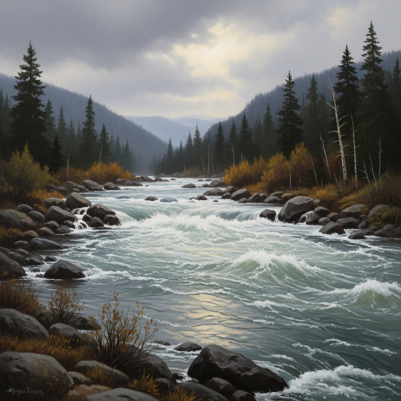 Raging River: Captivating Oil Painting of Nature's Power Raging River: Captivating Oil Painting of Nature's Power