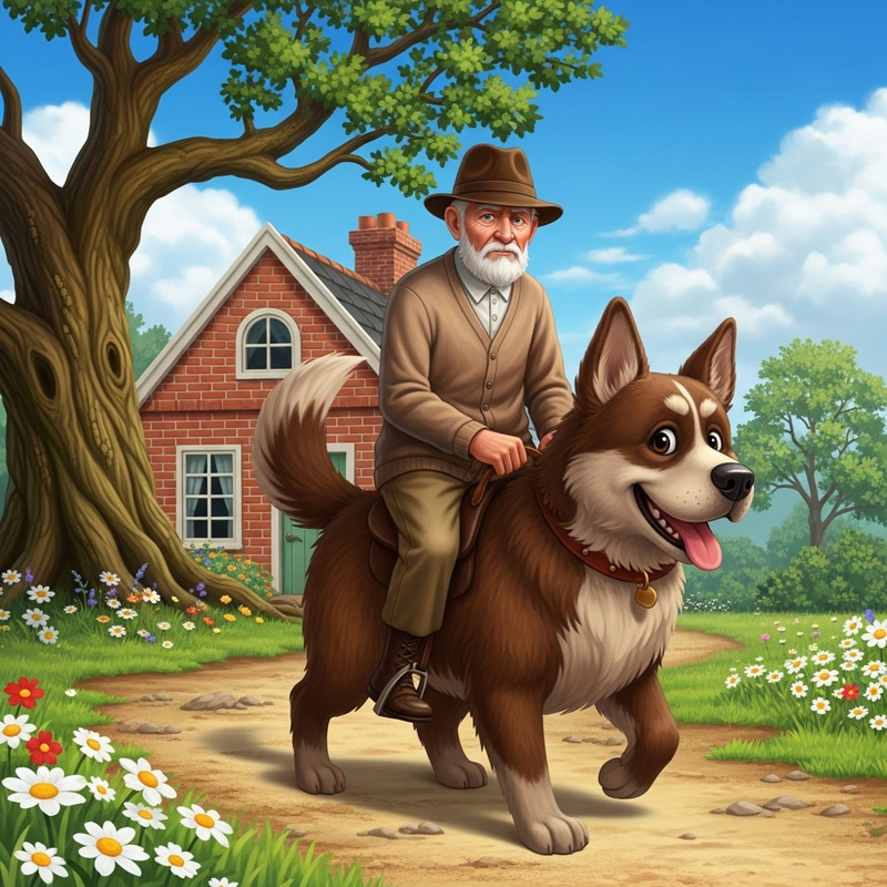 Elderly Caucasian Man Riding Friendly Brown Dog | Whimsical Scene Elderly Caucasian Man Riding Friendly Brown Dog | Whimsical Scene