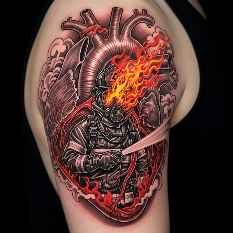 Heart Muscle Tattoo with Firefighter Battling Flames Inside