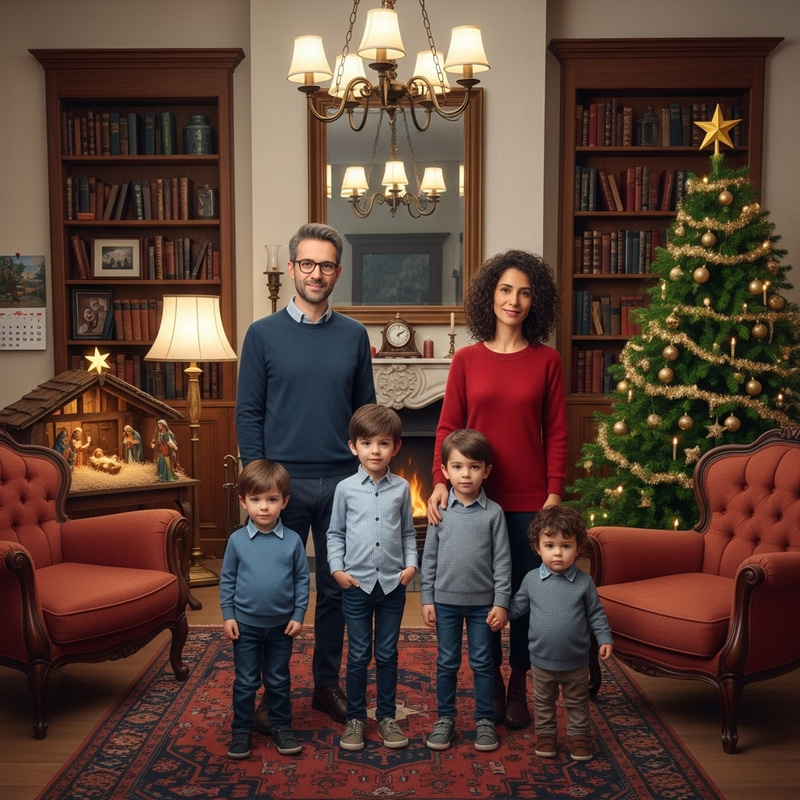 French Christmas Family of 5 - Father, Mother, and three sons in Parisian-style Living Room