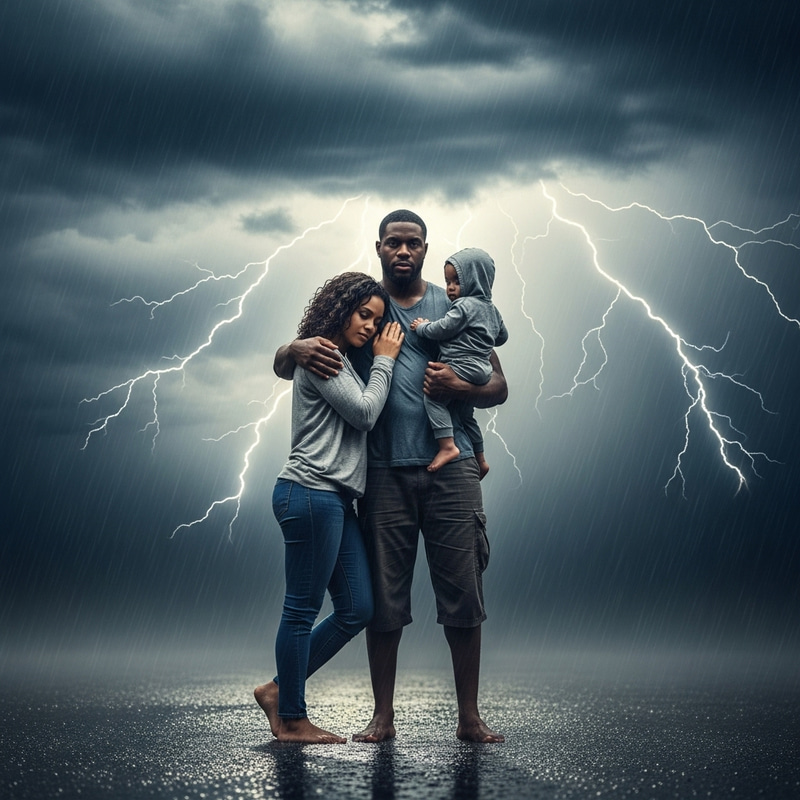 Black Family Under Storm: Father, Mother, Child