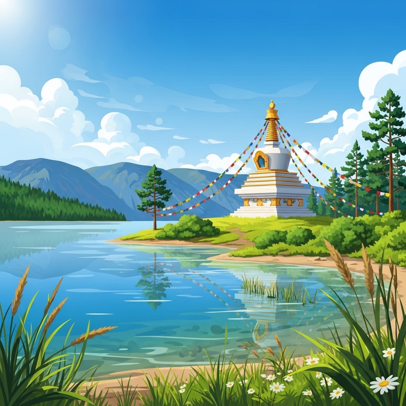 Serene Buddhist Stupa by Lake Baikal with Majestic Mountains Serene Buddhist Stupa by Lake Baikal with Majestic Mountains