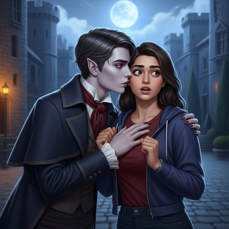 Enchanting vampire boy kisses girls in moonlit courtyard
