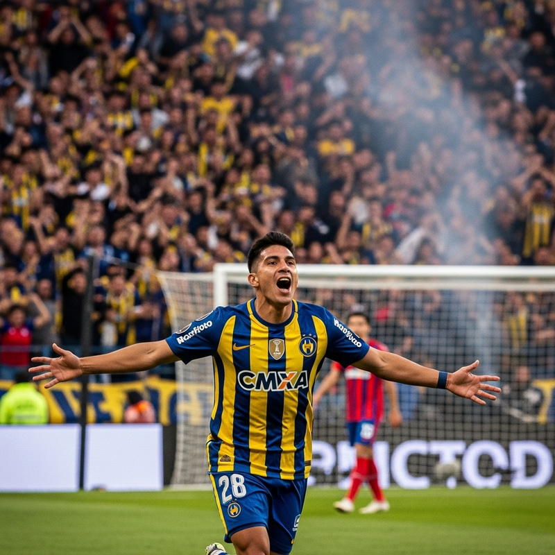 Club U. de Chile Football Player Celebrating Goal with Enthusiastic Fans Club U. de Chile Football Player Celebrating Goal with Enthusiastic Fans