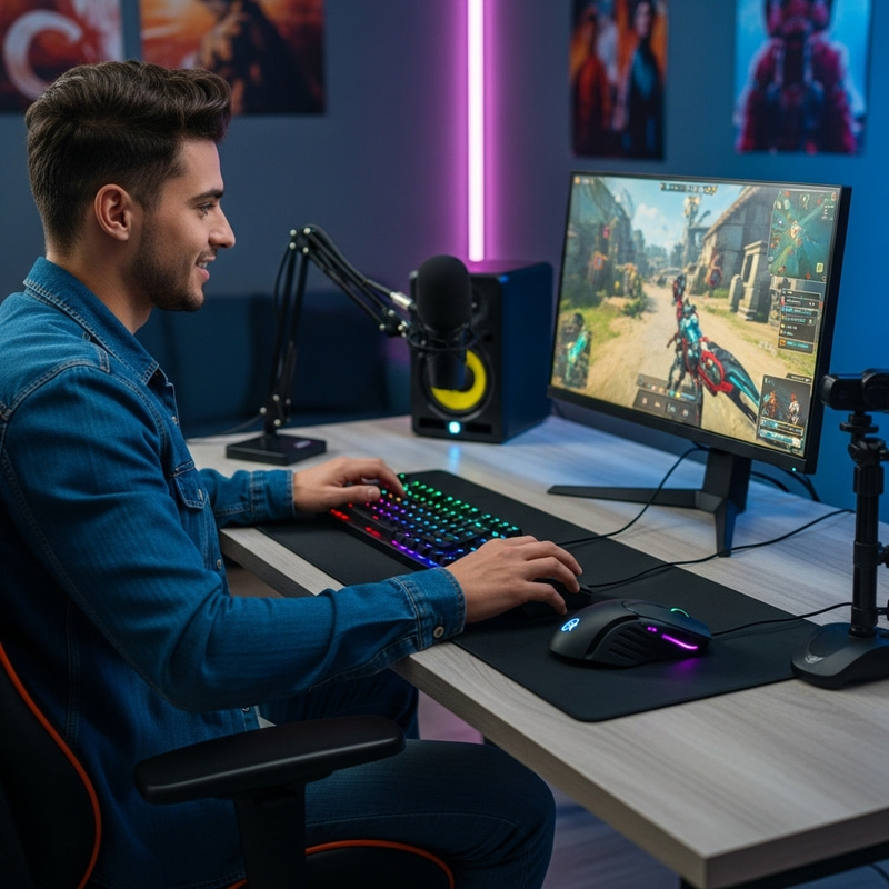 Young Man Streaming PC Gameplay Enthusiastically