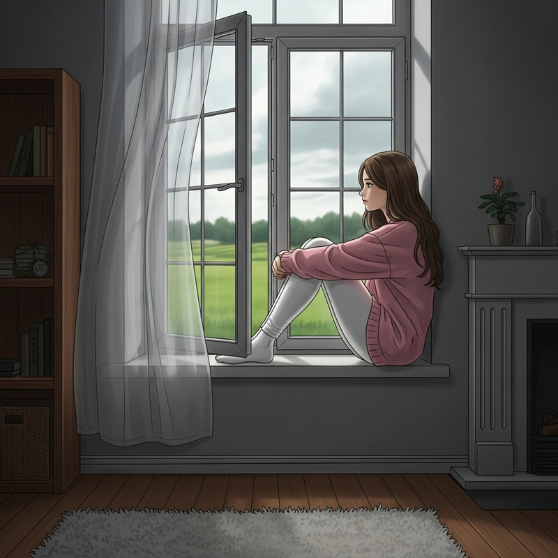 Sade Girl in Pink Sweater by Window | Melancholy Moment Sade Girl in Pink Sweater by Window | Melancholy Moment
