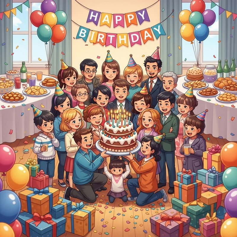Vibrant Birthday Party with Cake & Balloons Vibrant Birthday Party with Cake & Balloons