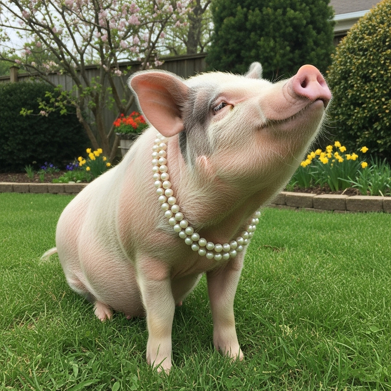 Pearl-Adorned Pot-Bellied Pig in a Garden Setting