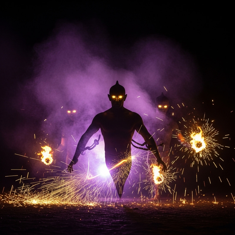 Ethereal Jinn Entities in Purple Mist and Golden Fire - Mystical Night Scene