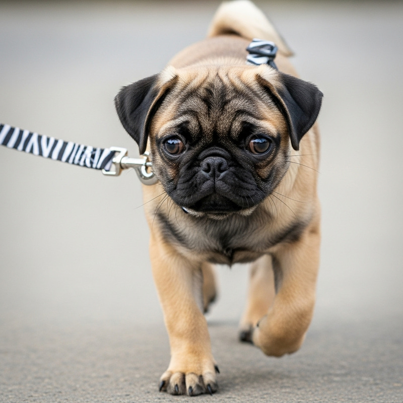 Adorable 4-Month-Old Pug with Brown and Black Fur on Zebra Leash Adorable 4-Month-Old Pug with Brown and Black Fur on Zebra Leash