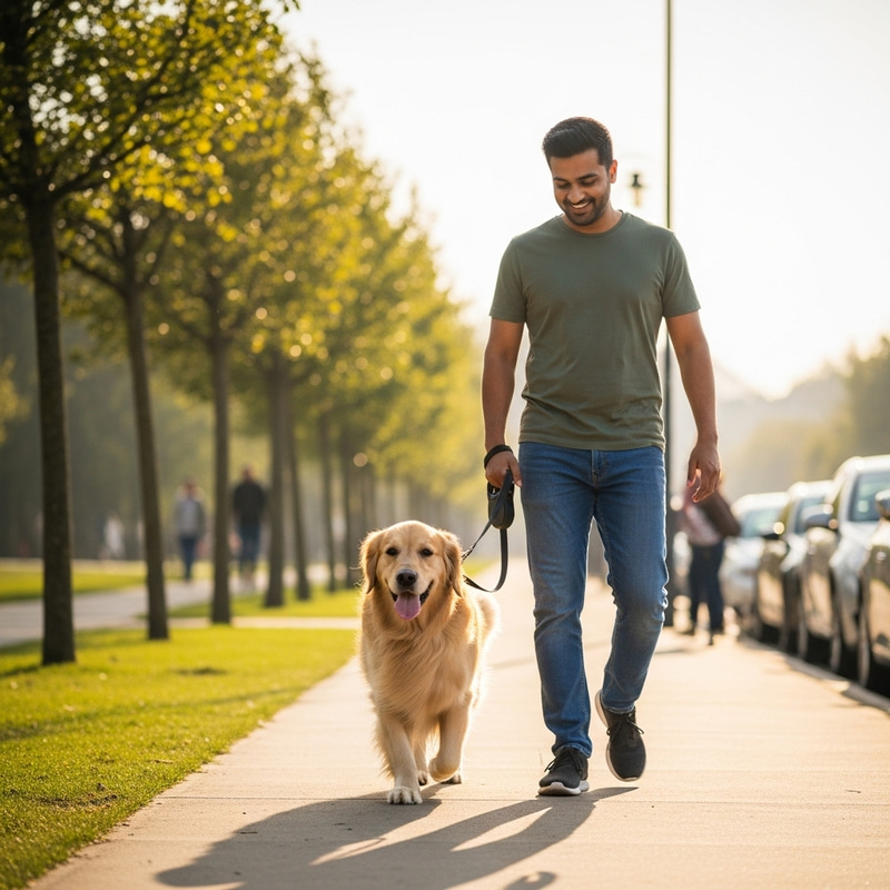 Golden Retriever Walking with Owner Golden Retriever Walking with Owner