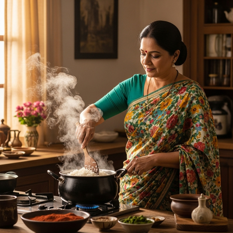 South Asian Woman Cooking Rice in Tradition