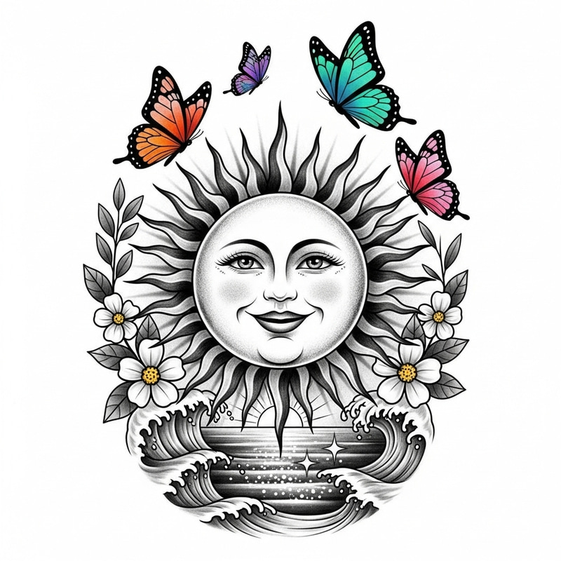 Radiant Sun Happiness Tattoo Design - Butterflies, Flowers, Ocean Radiant Sun Happiness Tattoo Design - Butterflies, Flowers, Ocean