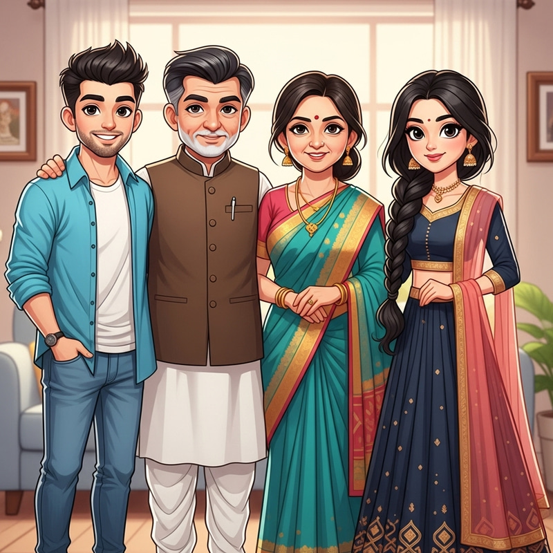 Cartoon Indian Family Portrait of Two Sons and a Daughter