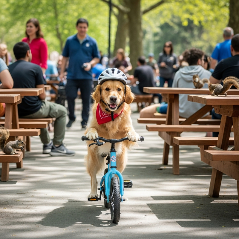 Golden Retriever Riding Bike - Cute Park Scene Golden Retriever Riding Bike - Cute Park Scene