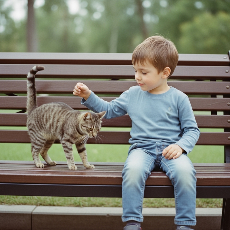 Captivating Scene: Boy and Cat on Park Bench, Vintage Feel Captivating Scene: Boy and Cat on Park Bench, Vintage Feel