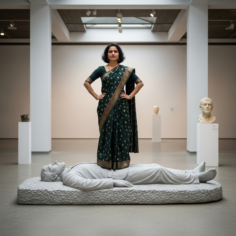 Powerful South-Asian Woman Stands on Captivating Sculpture Powerful South-Asian Woman Stands on Captivating Sculpture