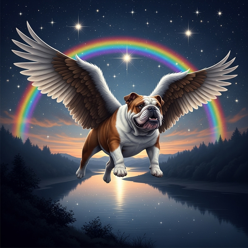 Magical Flying Bulldog with Rainbow at Night Magical Flying Bulldog with Rainbow at Night