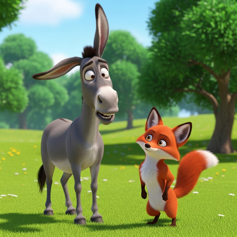 Silly Donkey and Cunning Fox Friendship in Animated Green Scene Silly Donkey and Cunning Fox Friendship in Animated Green Scene
