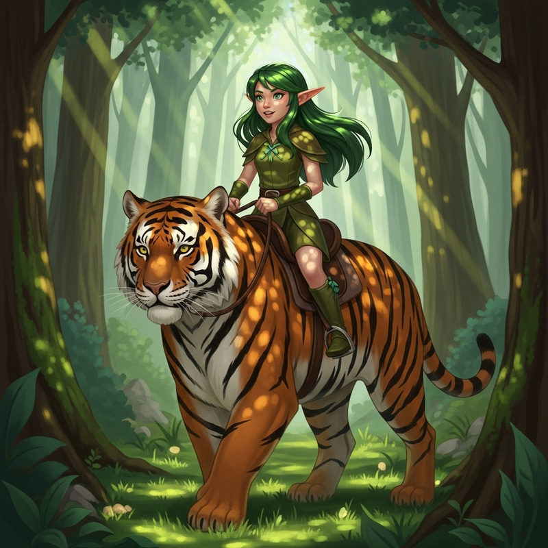 Elf Girl with Green Hair & Tiger | Enchanting Forest Adventure