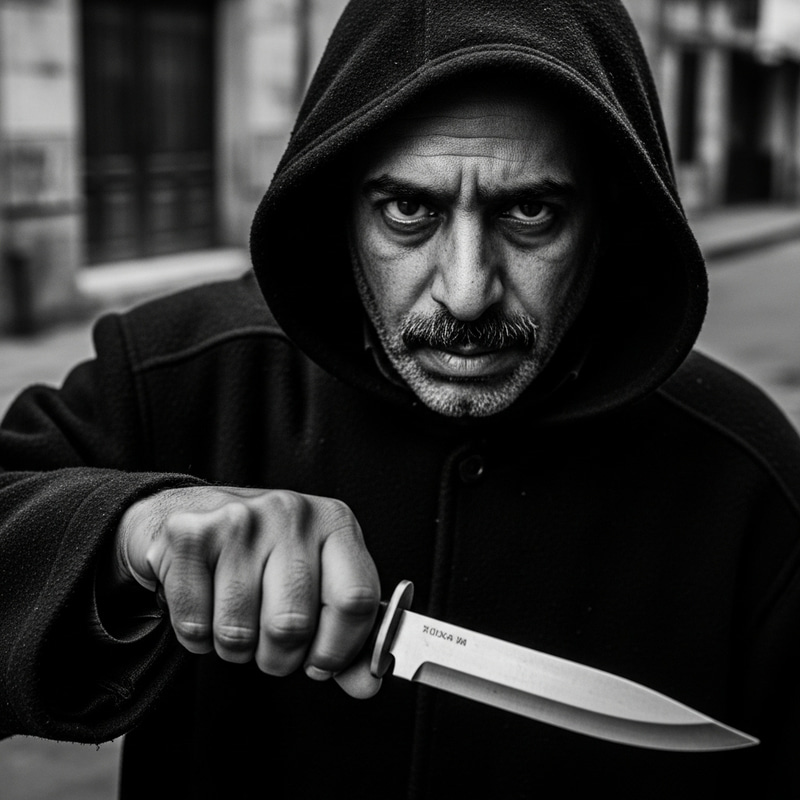 Mysterious Man with Knife in Dramatic Black and White Street Portrait Mysterious Man with Knife in Dramatic Black and White Street Portrait