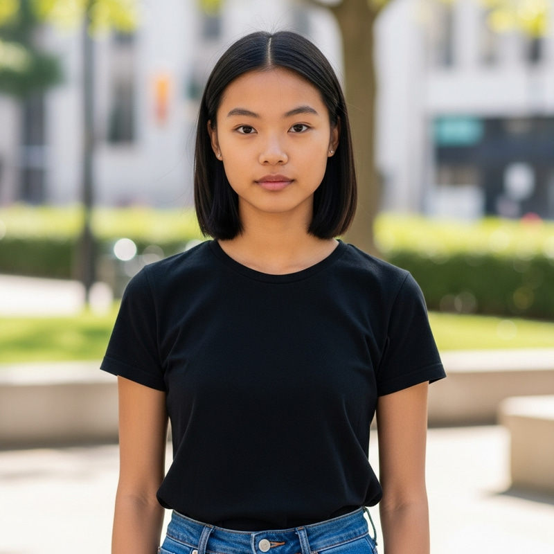 Realistic Image of Slender Girl with Clear Brown Skin and Almond-shaped Dark Brown Eyes Realistic Image of Slender Girl with Clear Brown Skin and Almond-shaped Dark Brown Eyes