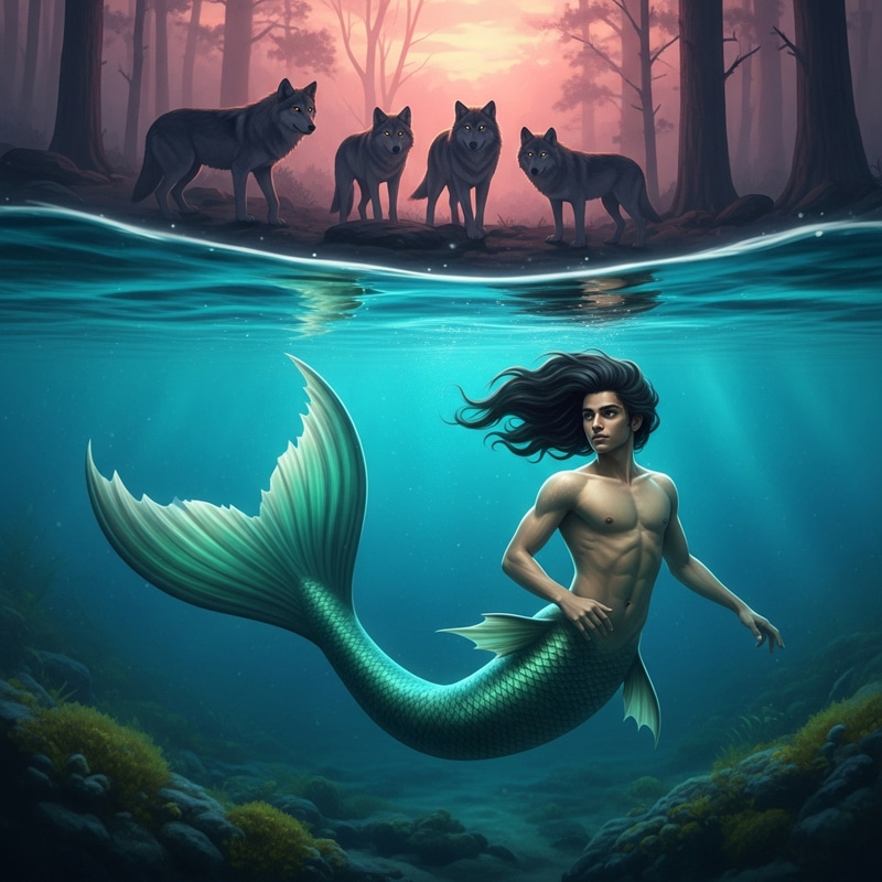 Male Mermaid with Wolves in Underwater Scene Male Mermaid with Wolves in Underwater Scene