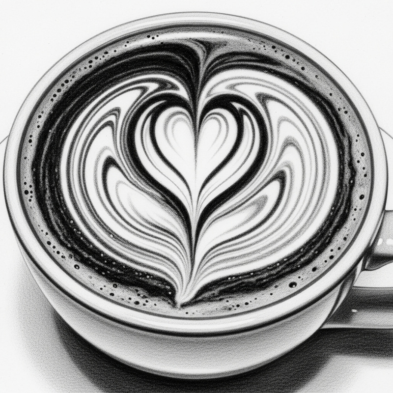 Black and White Coffee Cup with Heart Design Drawing Black and White Coffee Cup with Heart Design Drawing