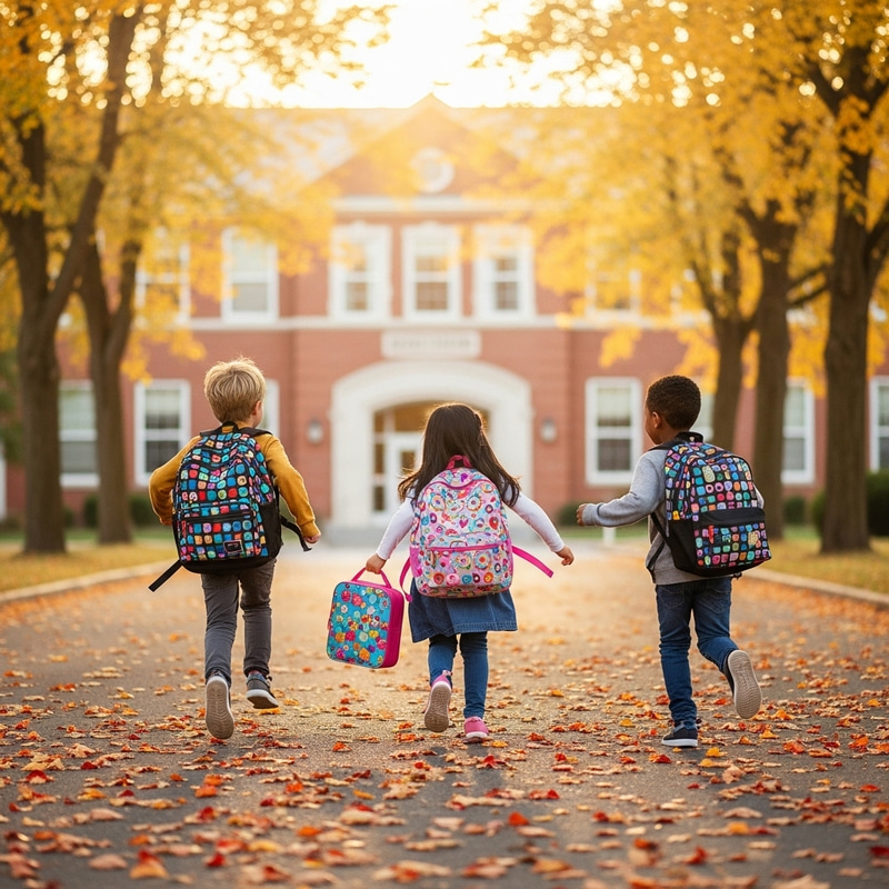 Exciting Scene of Kids Rushing to School on a Autumn Morning Exciting Scene of Kids Rushing to School on a Autumn Morning