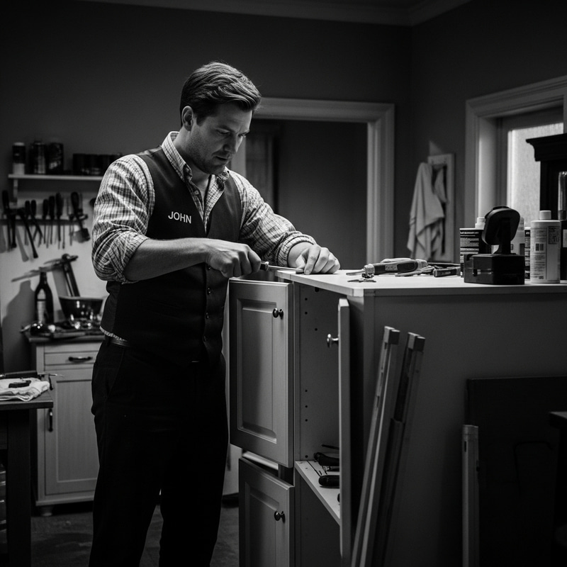 Intense Character Study: John Reassembling Cupboard in Film Noir Ambiance Intense Character Study: John Reassembling Cupboard in Film Noir Ambiance