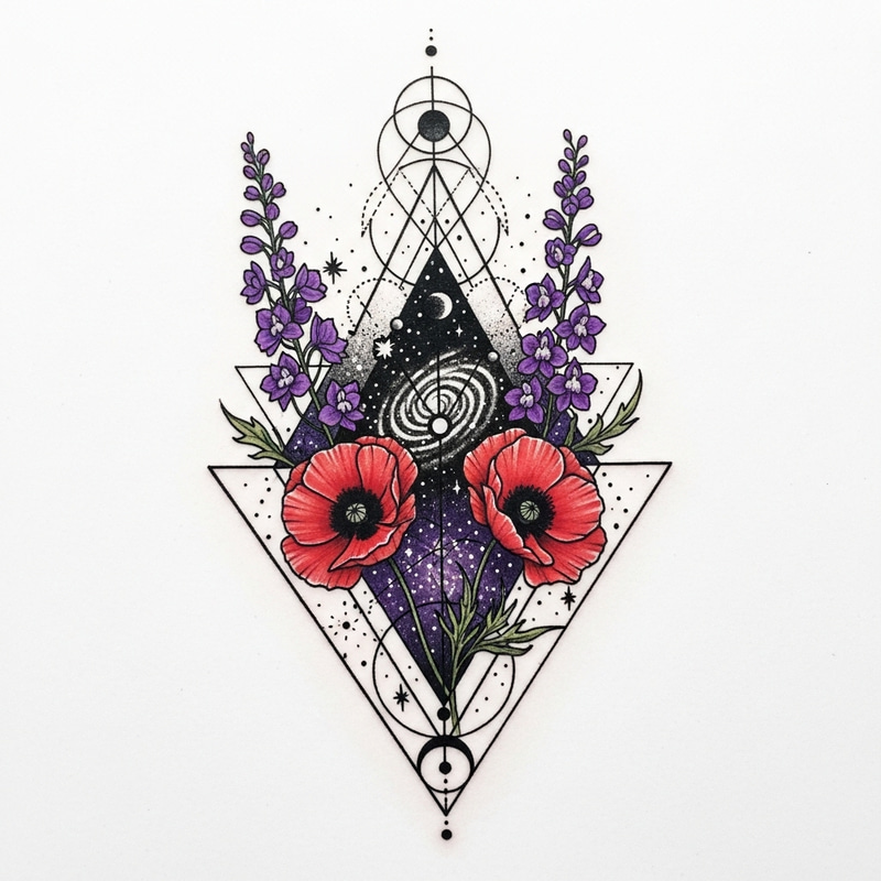 Small Intricate Black Geometric Tattoo with Cosmos and Floral Elements Small Intricate Black Geometric Tattoo with Cosmos and Floral Elements