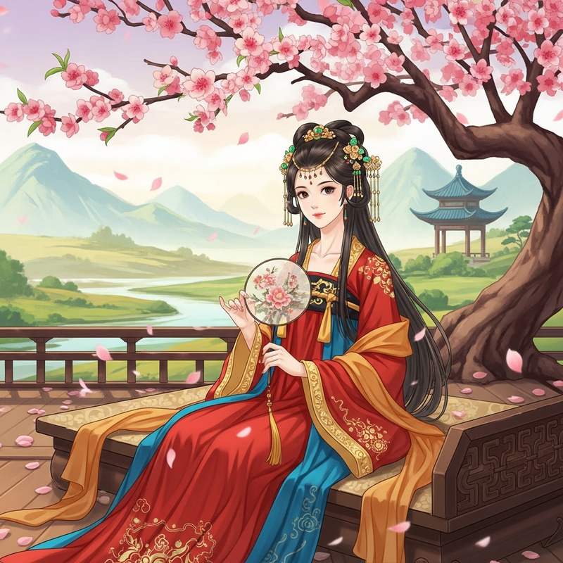 Anime Style Chinese Girl Sitting Under Peach Tree Anime Style Chinese Girl Sitting Under Peach Tree