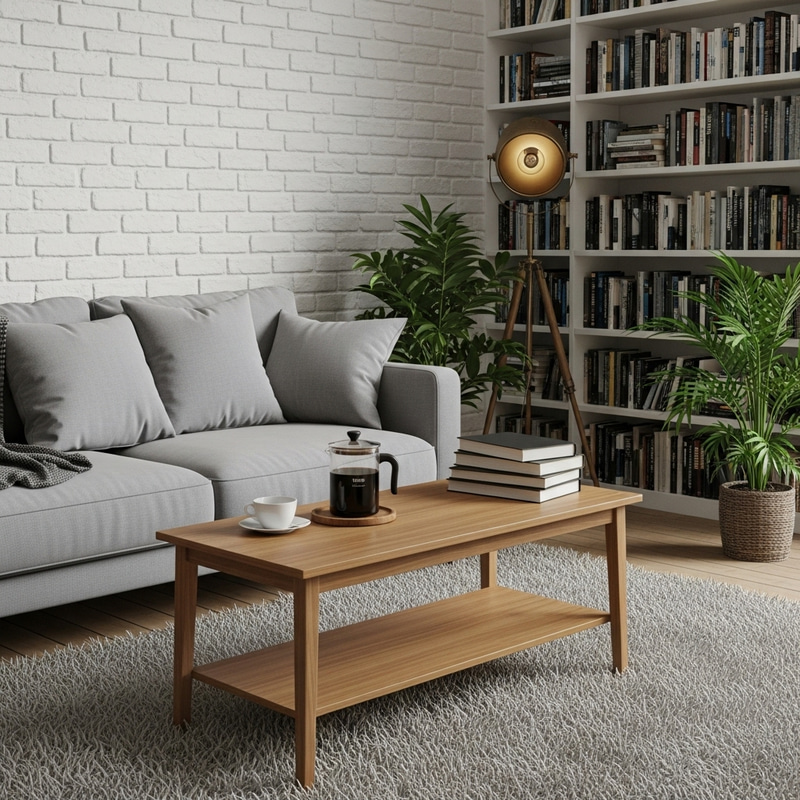 Cozy Minimalist Living Room with Woolen Rug and Greenery